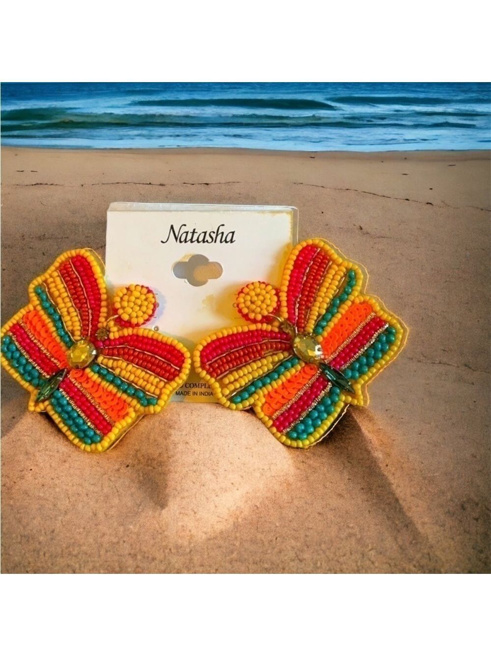 NATASHA Couture Rainbow Bead and Jewel Butterfly Drop Pierced Earrings Stud Back